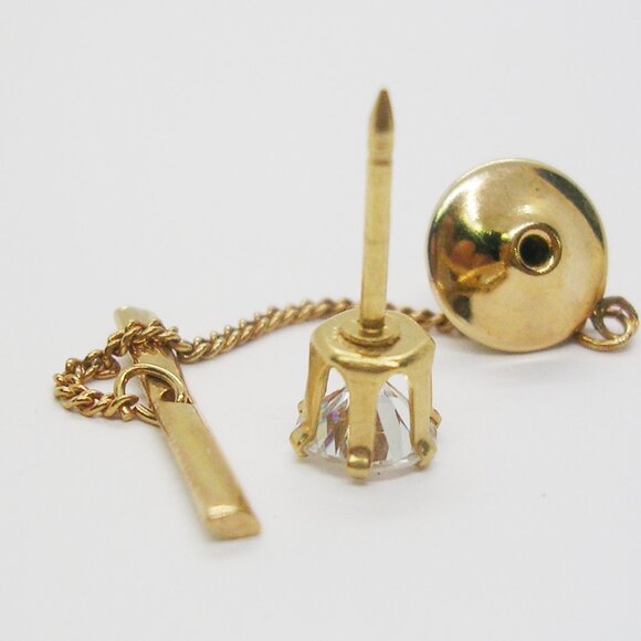 Tie Tack Pin with chain clear Rhinestone vintage Formal Necktie Accessory - Picture 3 of 3